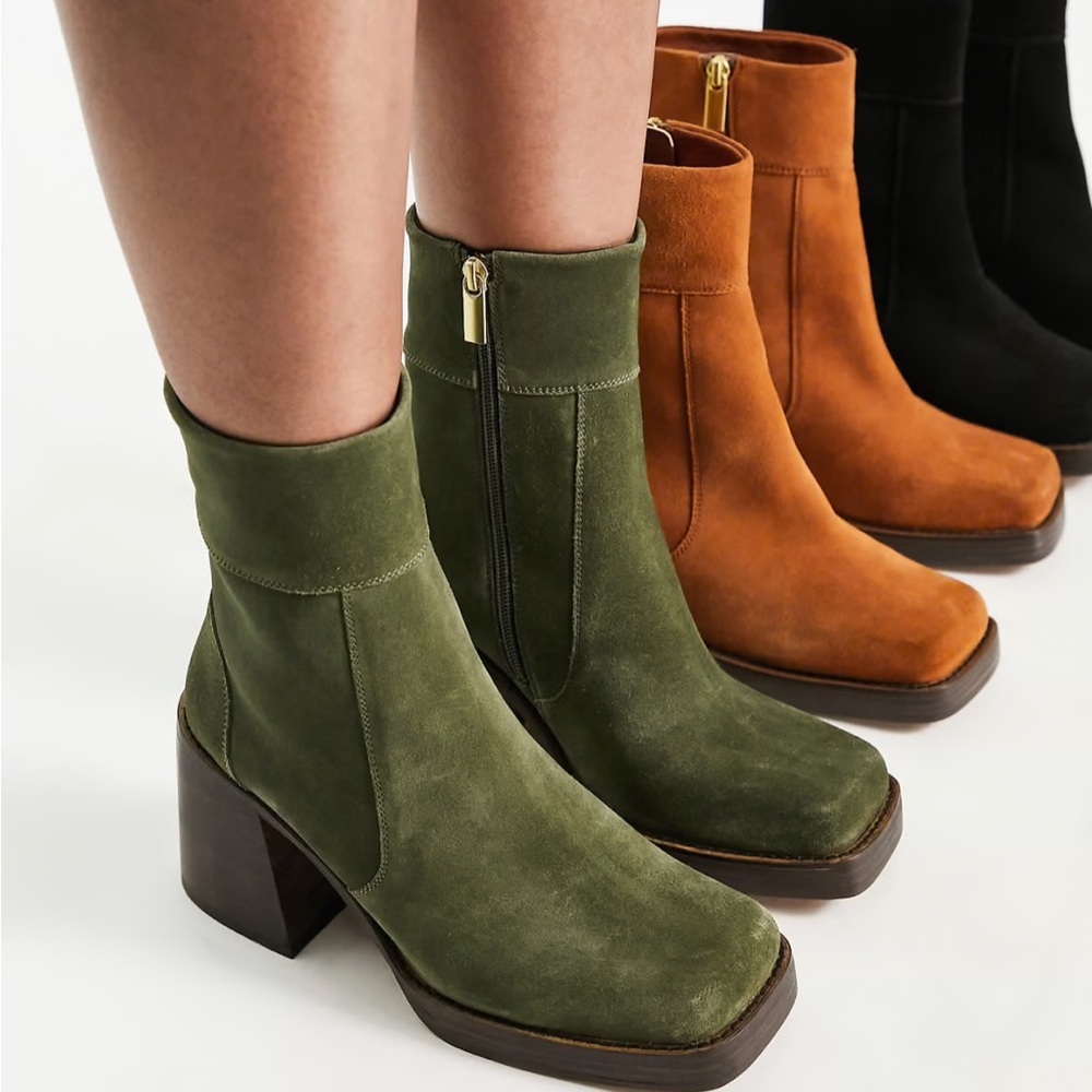 ASOS Wide Fit Khaki Suede Mid-Heel Boots